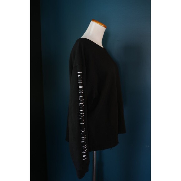 Victoria's Secret PINK Nation Black Crew Sweatshirt w/White Logo Raw Hem Large - Picture 6 of 10